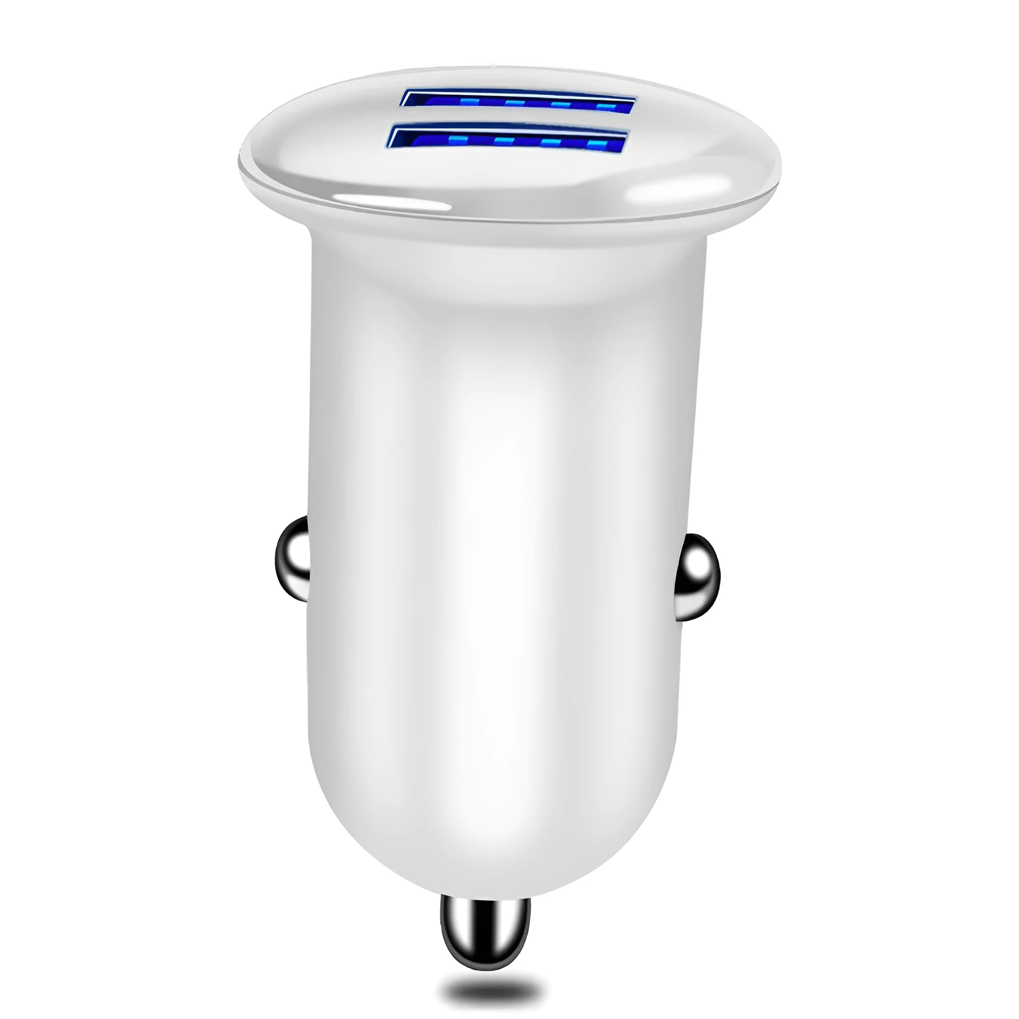 White LED dual USB car charger with electroplated finish, 50x28x28mm, for smartphone and tablet charging