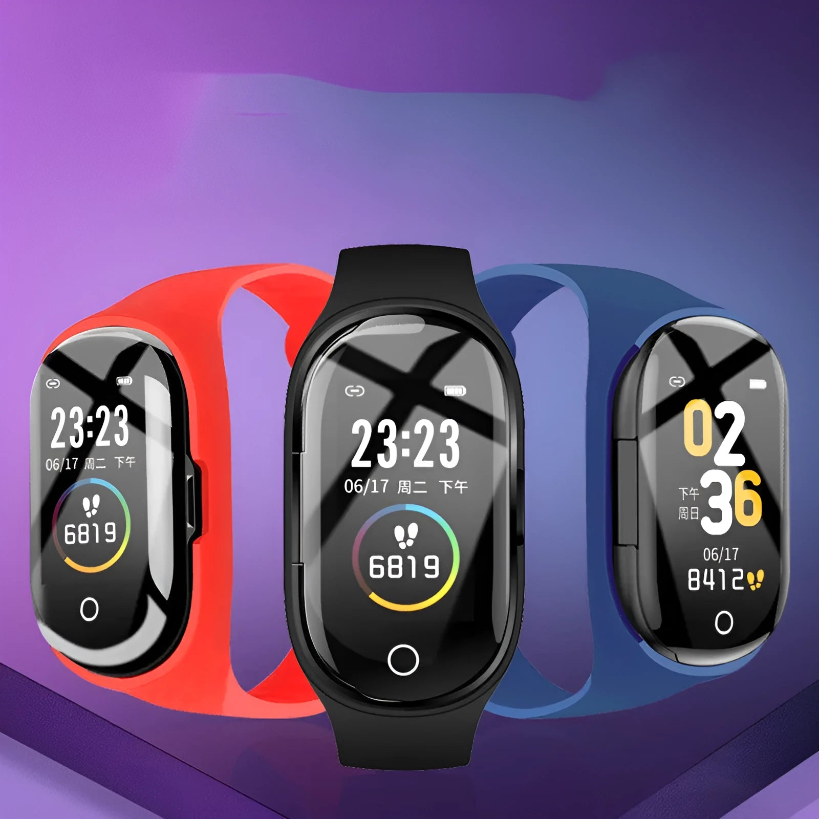 Smart bracelet earphone combo wearable device with 1-inch screen on silicone wristband