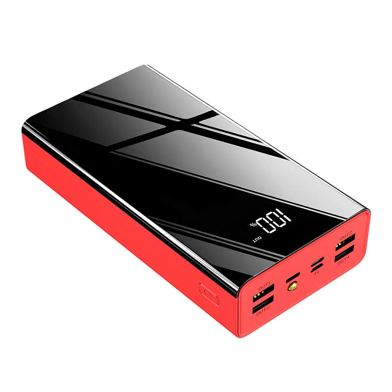 Large black and red 40000mAh power bank with LCD digital display showing battery percentage.