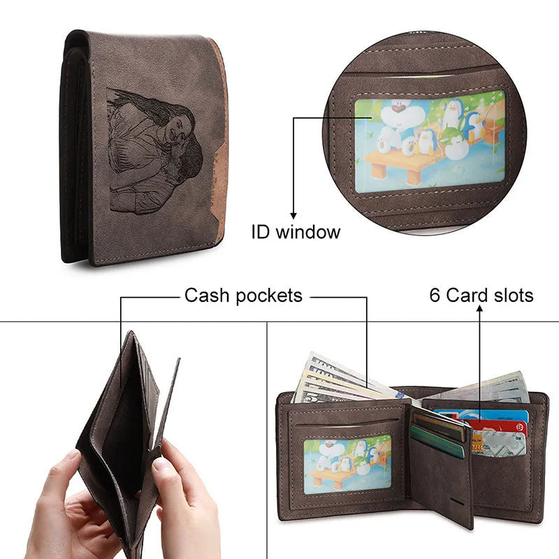 Coffee-coloured engraved horizontal short wallet showing personalised text and seven card slots