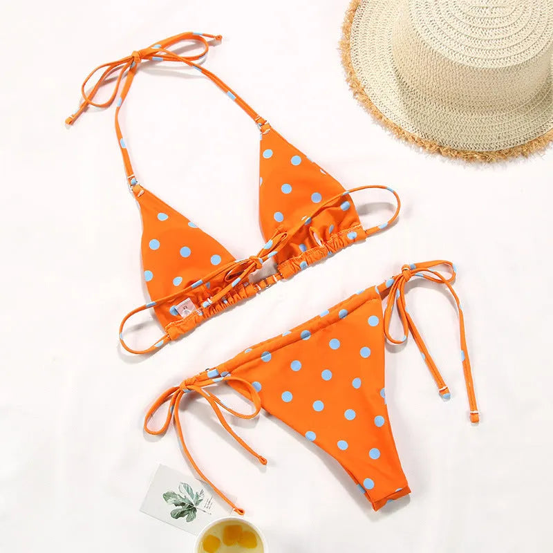 Women's polka dot print split bikini swimsuit in brown dot design with triangle bra style