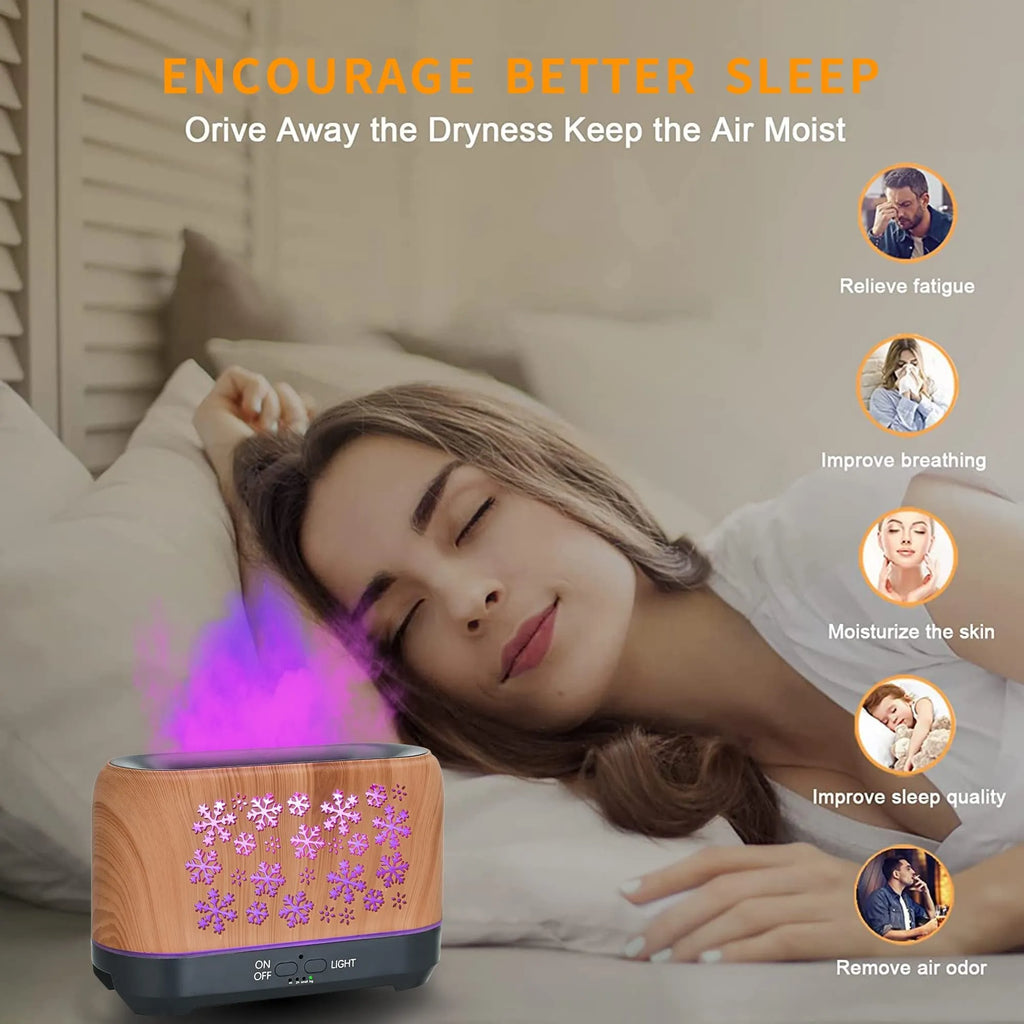 Christmas snowflake pattern ultrasonic aromatherapy humidifier with colourful flame light effect on a desk.