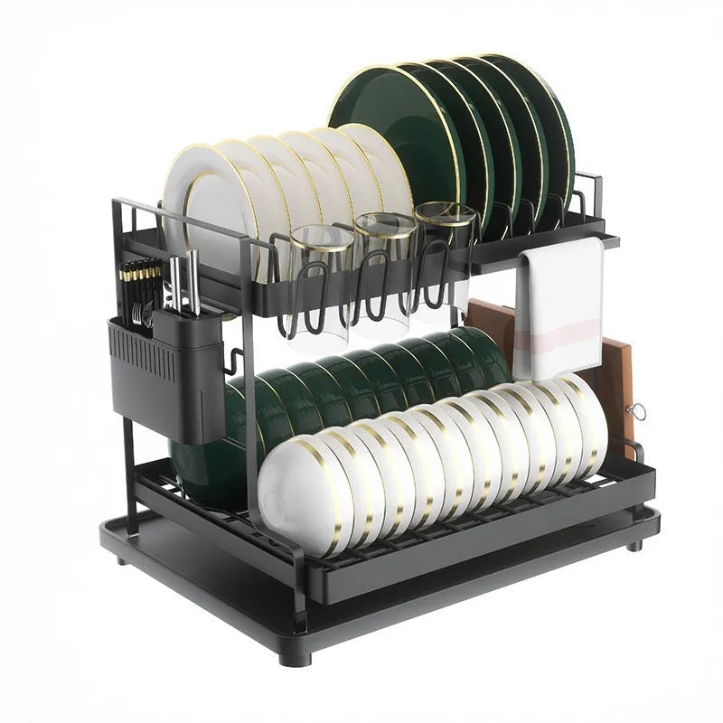 White double-layer kitchen draining rack with removable storage compartments above sink