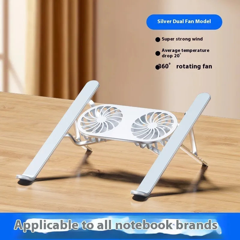 Silver aluminium laptop cooling stand with twin fans in folded position beside cloth carrying bag