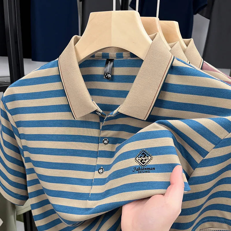 Red striped men's short sleeve t-shirt with mosaic pattern detail on a mannequin.