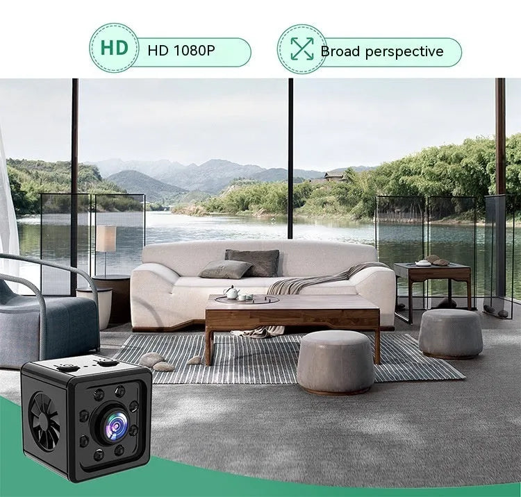 Black cube-shaped sports camera measuring 26mm with remote network control and mounting bracket