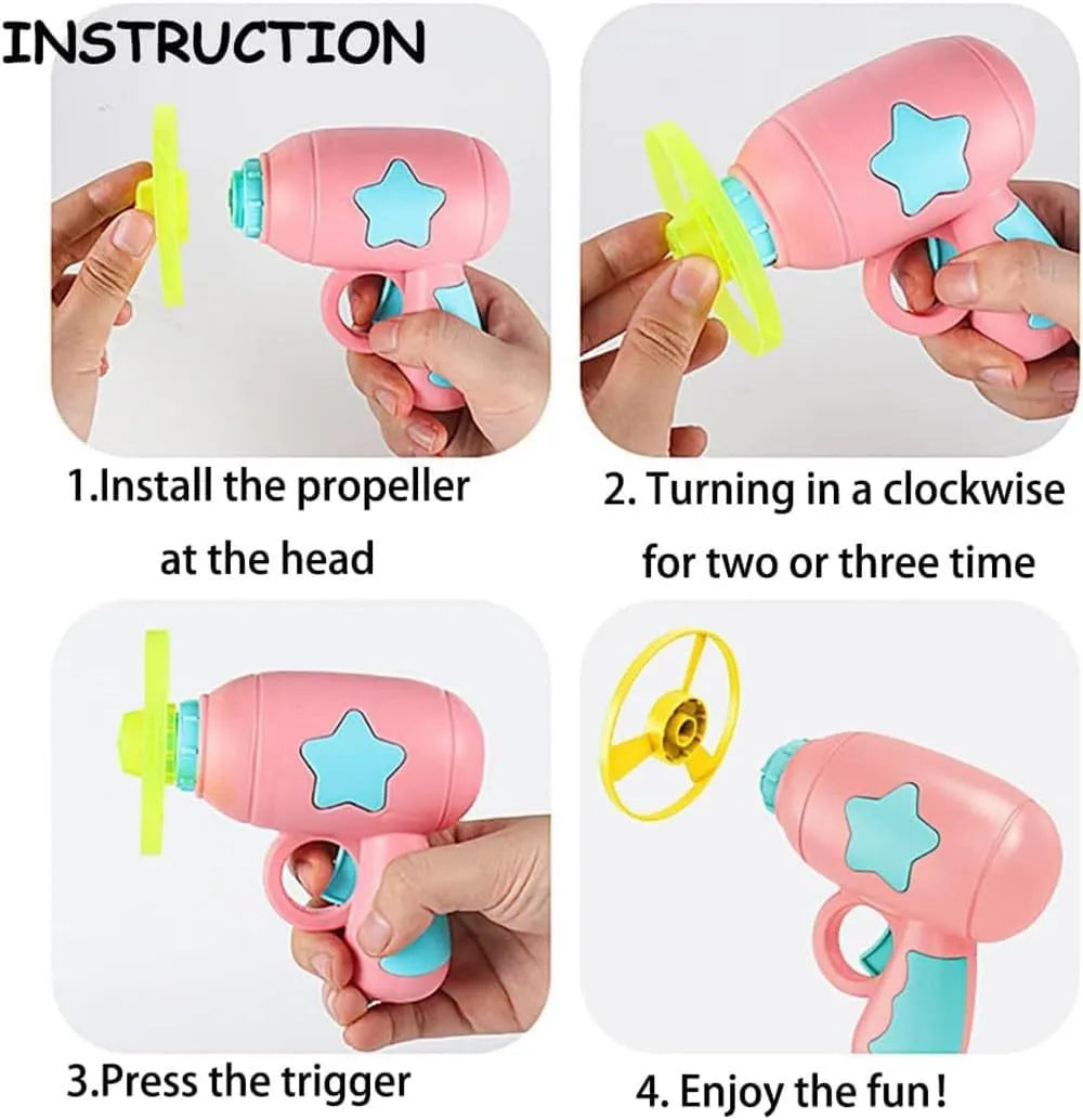 Blue or pink plastic cat toy gun with two Frisbee discs for indoor play.