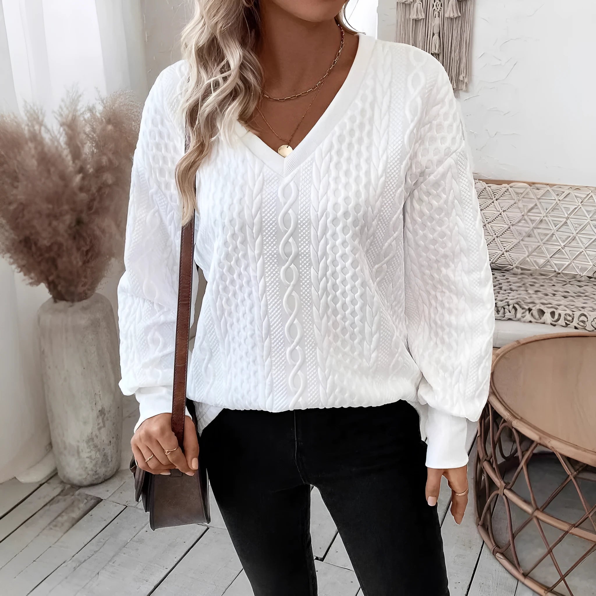 Milky white casual loose fit long sleeve t-shirt with 3D pattern design