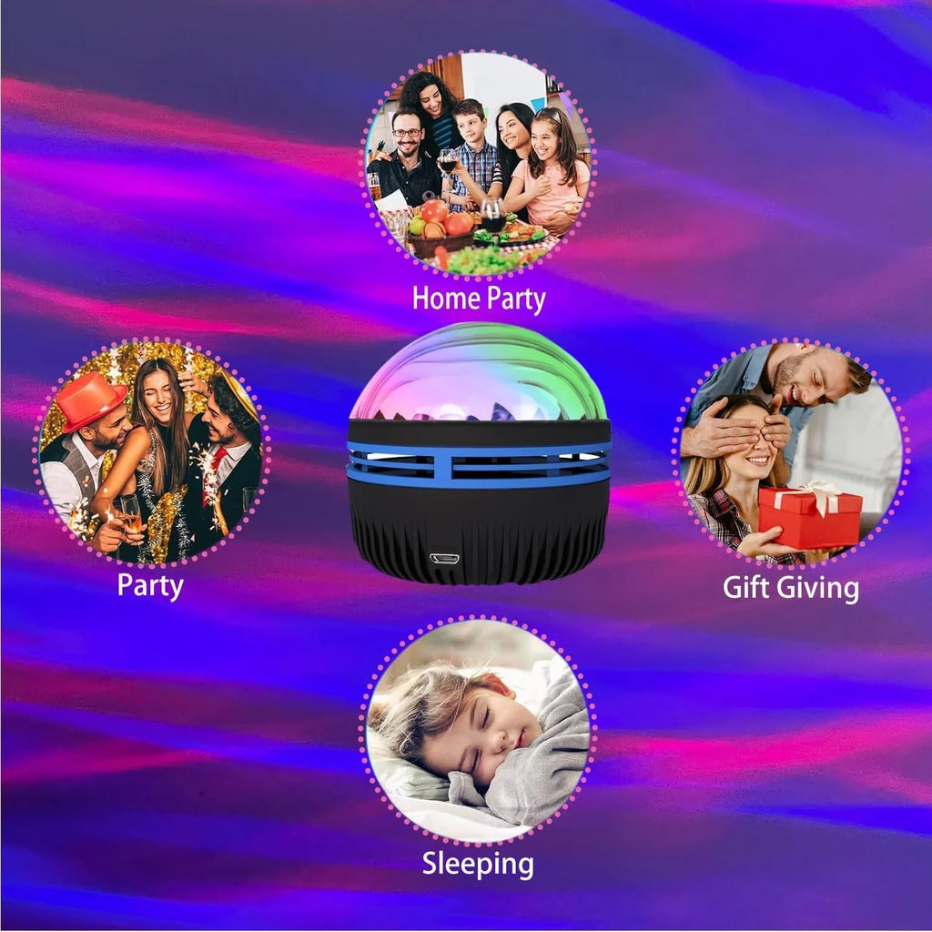 LED galaxy projector lamp with rotating star patterns and USB power cable
