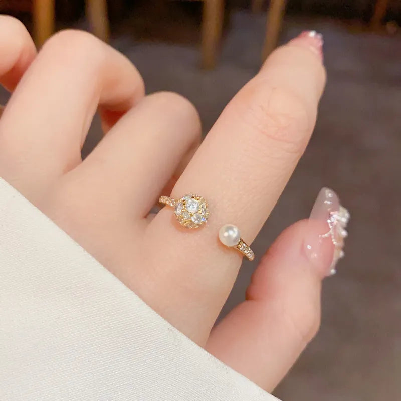 Open-end ring with round zircon pearl detail in gold or silver real gold plating