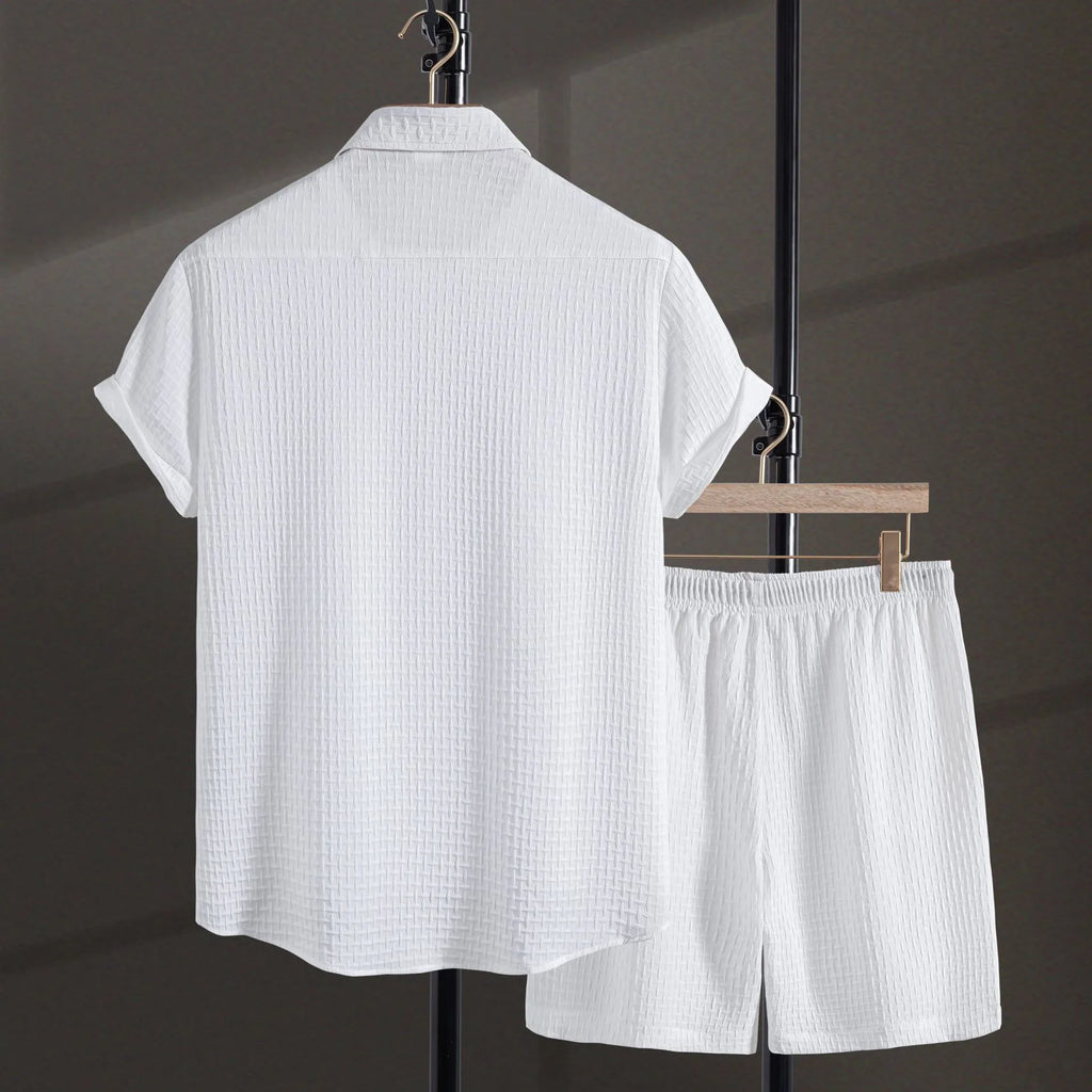 Men's black cotton blend short sleeve shirt and shorts suit for summer beach wear