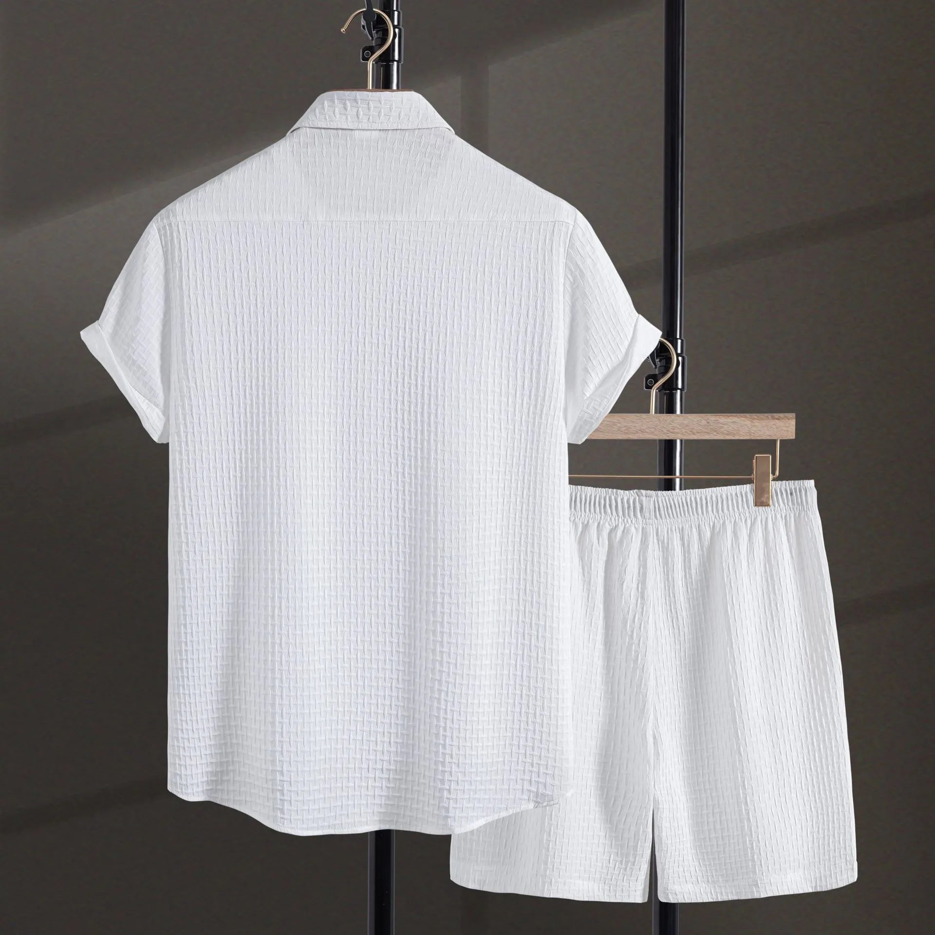 Men's black cotton blend short sleeve shirt and shorts suit for summer beach wear