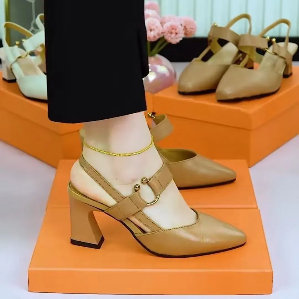 Women's black leather sandals with closed pointed toe, chunky high heel and back strap