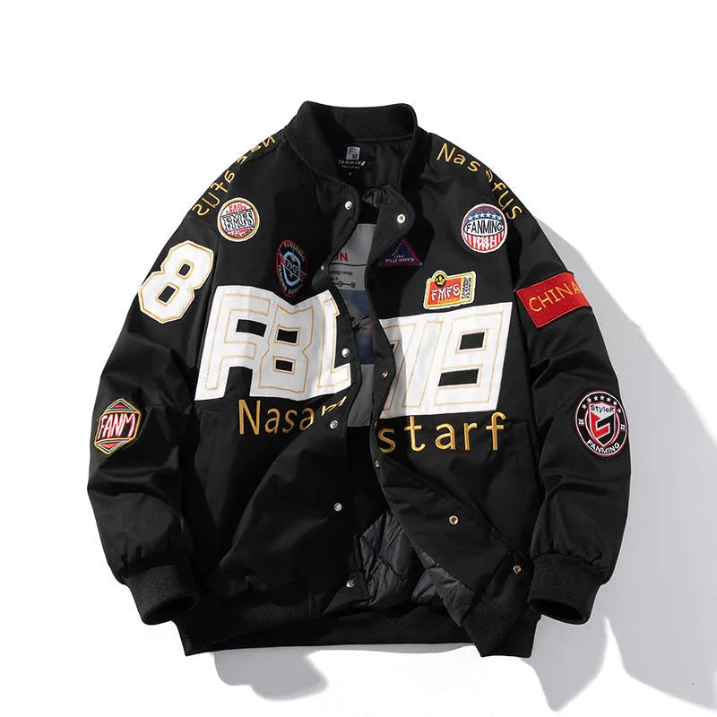 Black, red, and blue American motorcycle baseball uniform jackets shown in hooded and non-hooded styles.