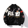 Black, red, and blue American motorcycle baseball uniform jackets shown in hooded and non-hooded styles.