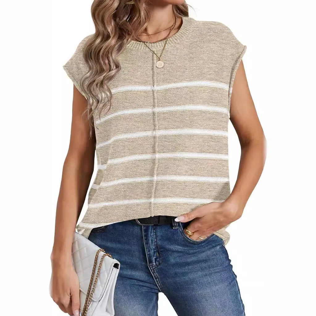 Women's striped sleeveless vest pullover in acrylic knit with bone stitching detail
