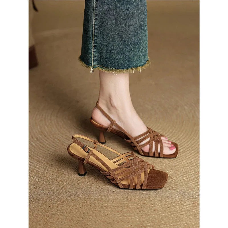 Retro thin strap high heel sandals with square toe and ankle buckle in light brown colour
