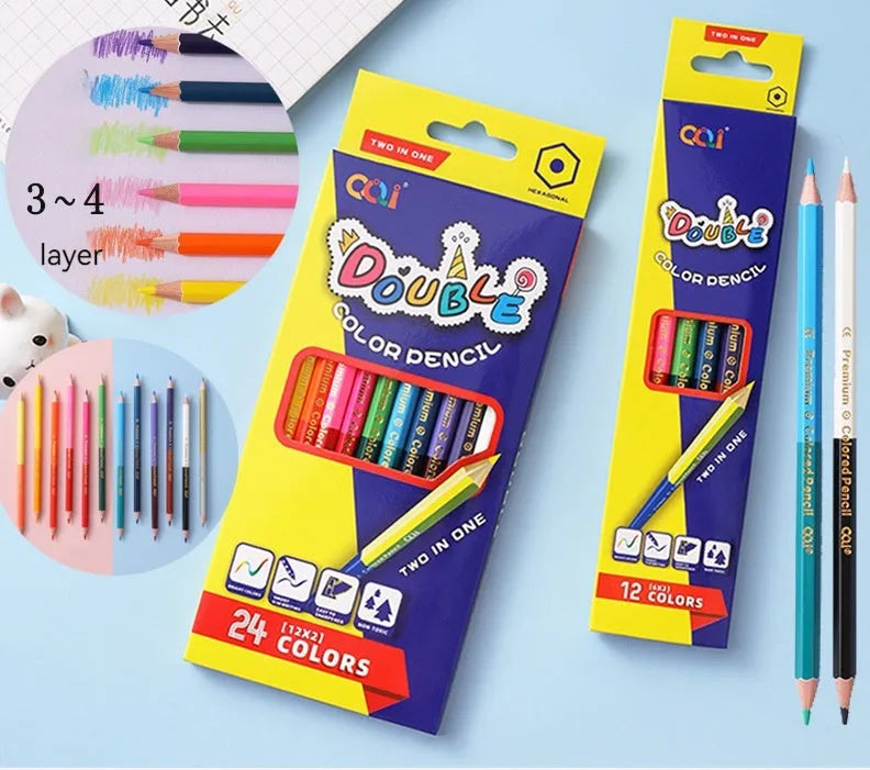 Wooden double head colour pencil set showing two different colour leads on each pencil