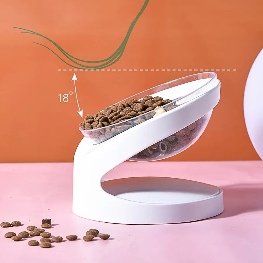 White elevated plastic cat food bowl with ergonomic tilt and anti-vomit design