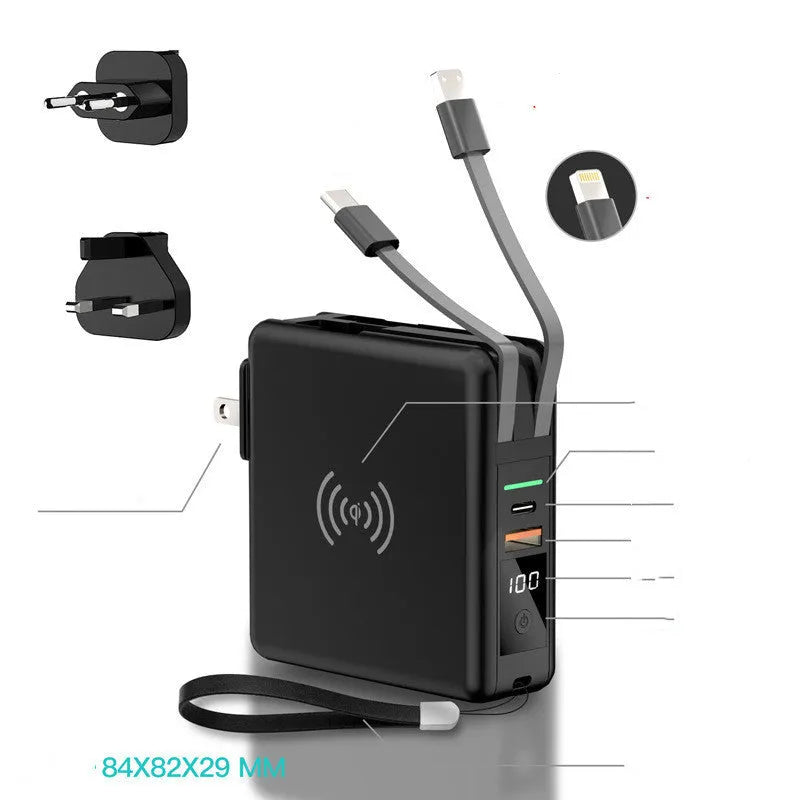 PD20W fast power bank with Super QI wireless charging and 4-in-1 international plug adapter in black colour