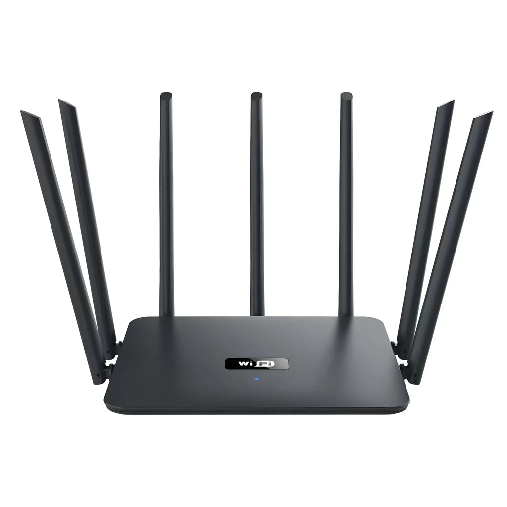 Dual-band Gigabit WiFi router with adjustable antennas in black or white colour options