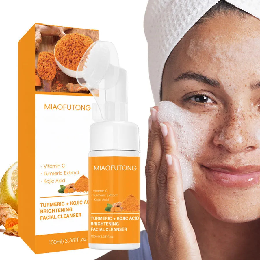 Turmeric and ginger facial cleansing kit with 30 pads, soap, mousse, and storage net
