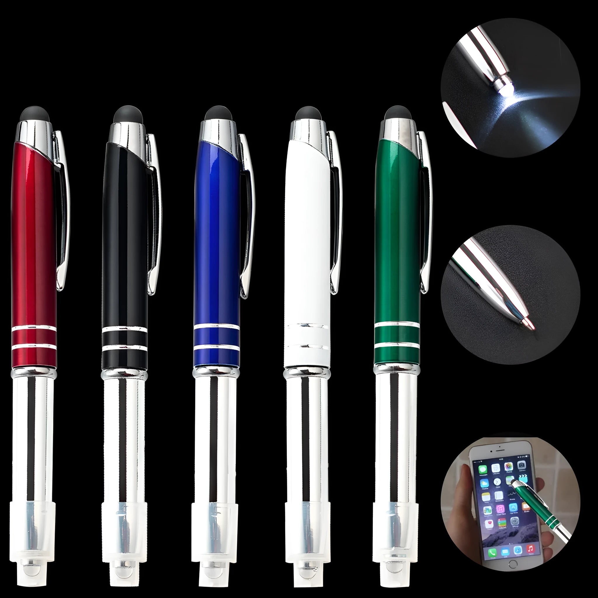 Red metal capacitive stylus and ballpoint pen with built-in LED light, shown with bullet-type nib.