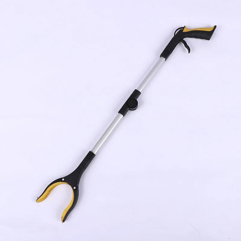 Foldable aluminium garbage clamp showing extended and folded positions with magnet sucker attachment