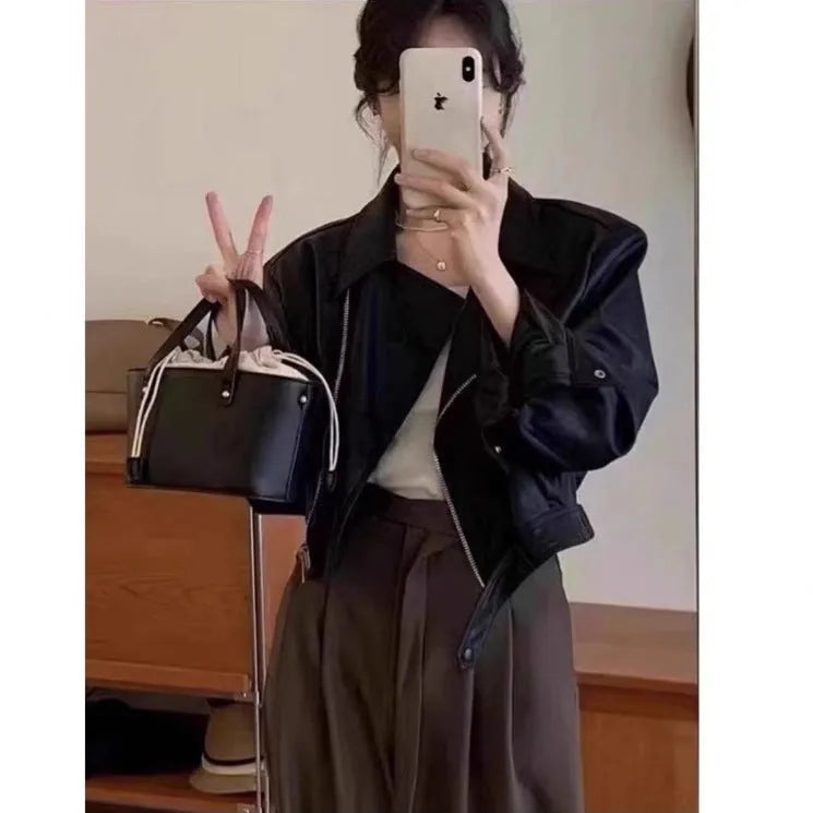 Women's brown imitation leather coat jacket with slim fit and 40cm length