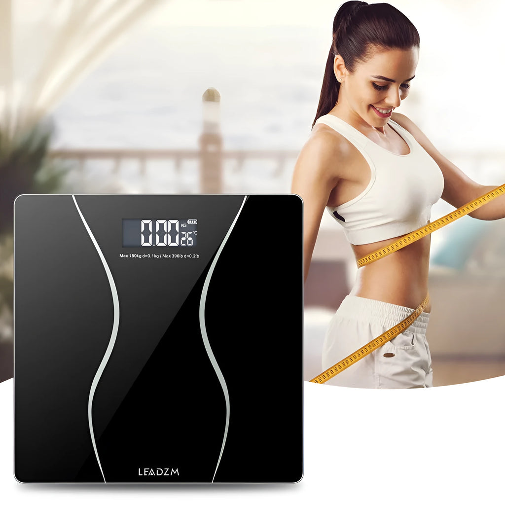 Black electronic body scale with digital display for weight measurement up to 180kg