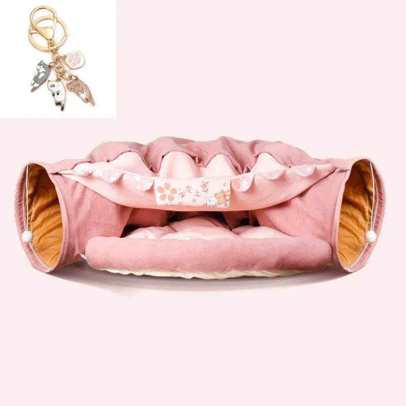 Collapsible cloth cat tunnel showing bar colour option with dimensions 45cm by 50cm by 22cm