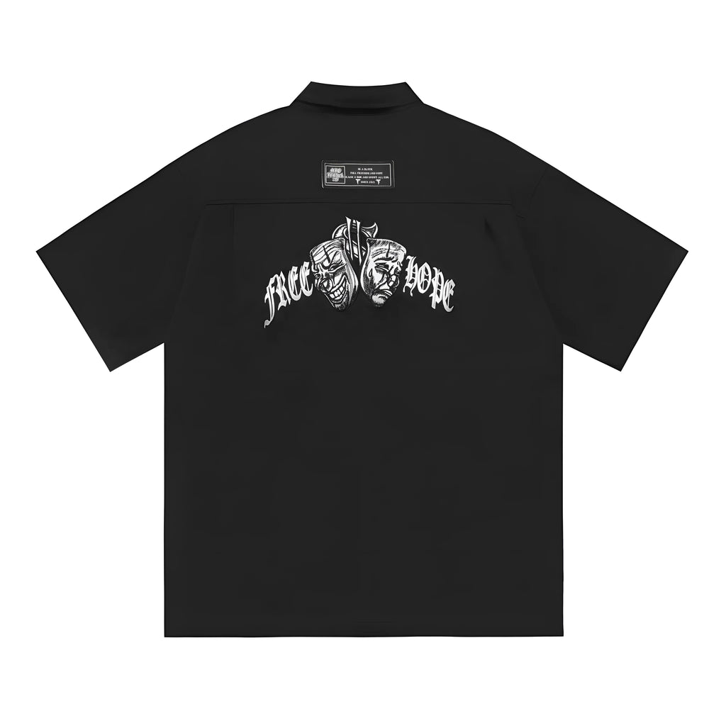 Men's black cotton blend loose fit pocket shirt with half sleeves and embroidered details