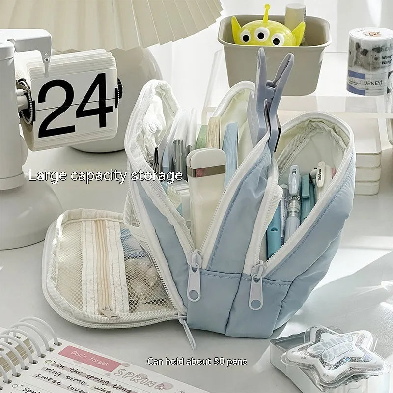 Double layer pencil case in solid colour with gift handle for exam stationery organisation
