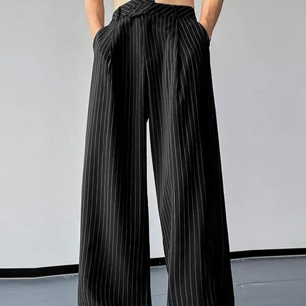 Men's black vertical striped pleated casual trousers with elastic waistband