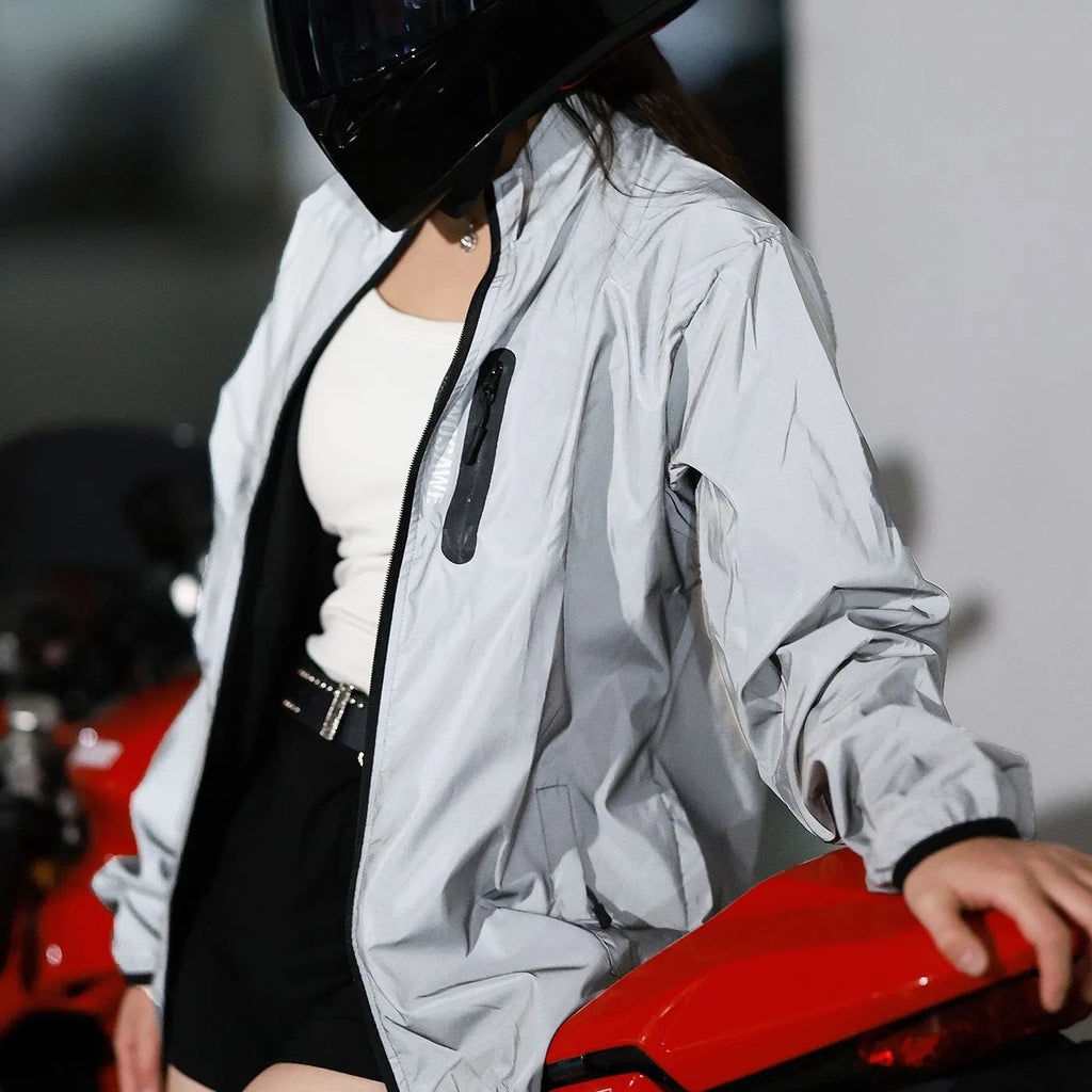 Silver long sleeved waterproof windproof polyester coat for men and women.