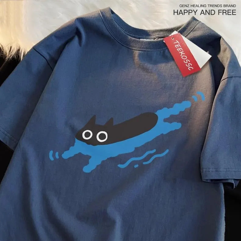 Plus size straight fit cotton t-shirt with diving black cat design in multiple colour options