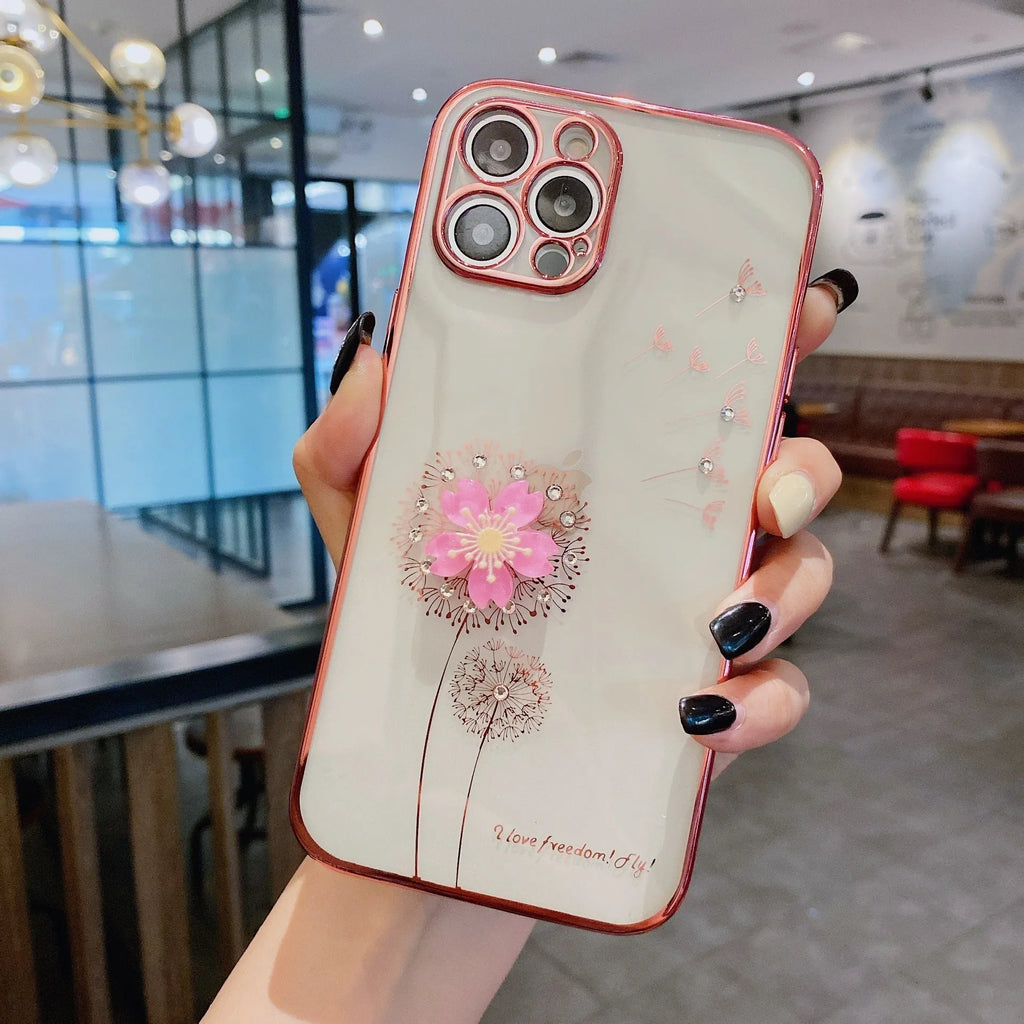 Green iPhone case with 3D flower spin stand and built-in screen protector shown on iPhone 13
