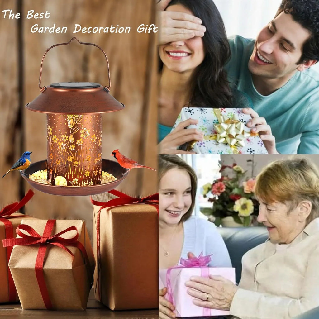 Solar powered bird feeder with hummingbird pattern and LED lights for outdoor garden decoration