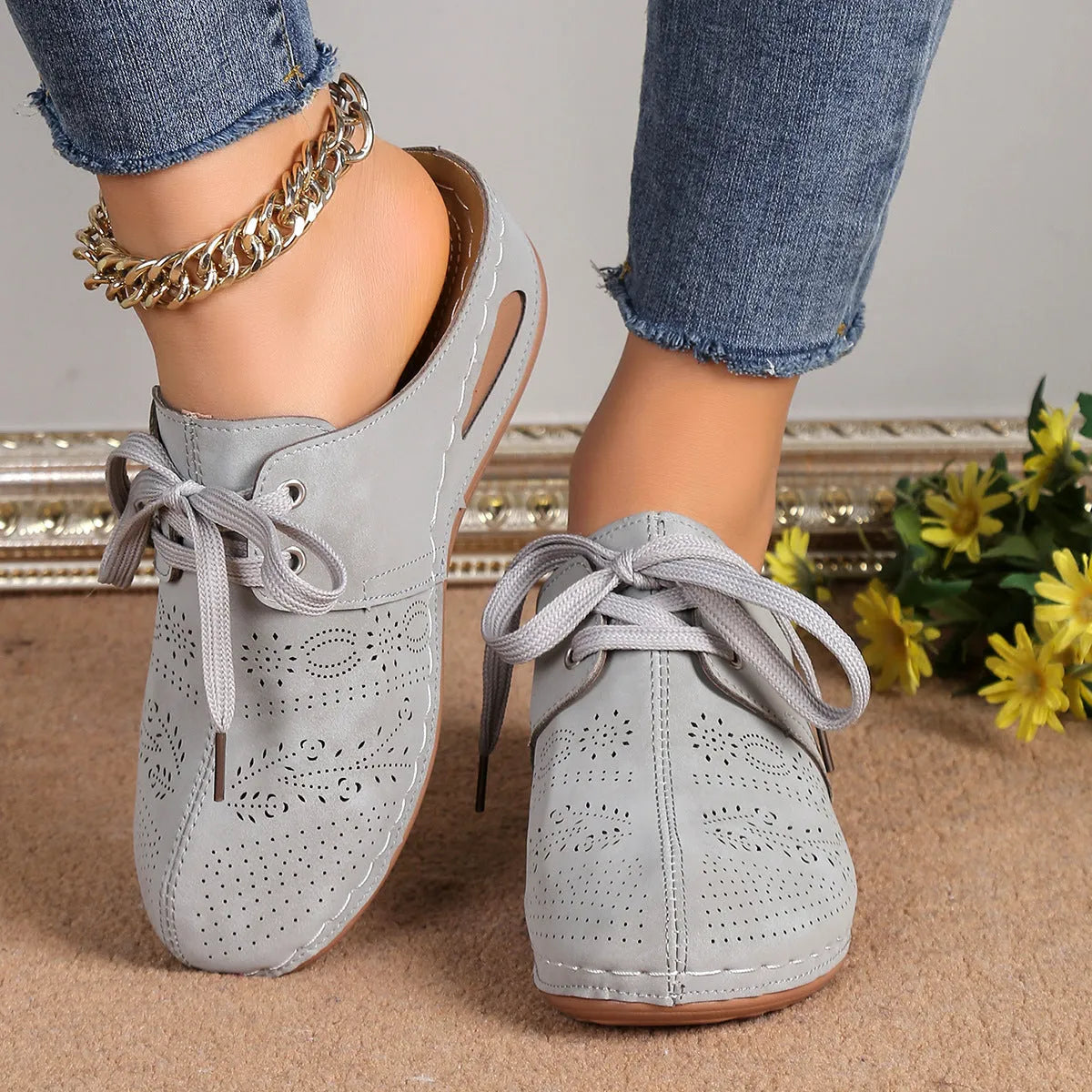 Women's lace-up wedge slippers with hollow-out design in suede upper and rubber sole
