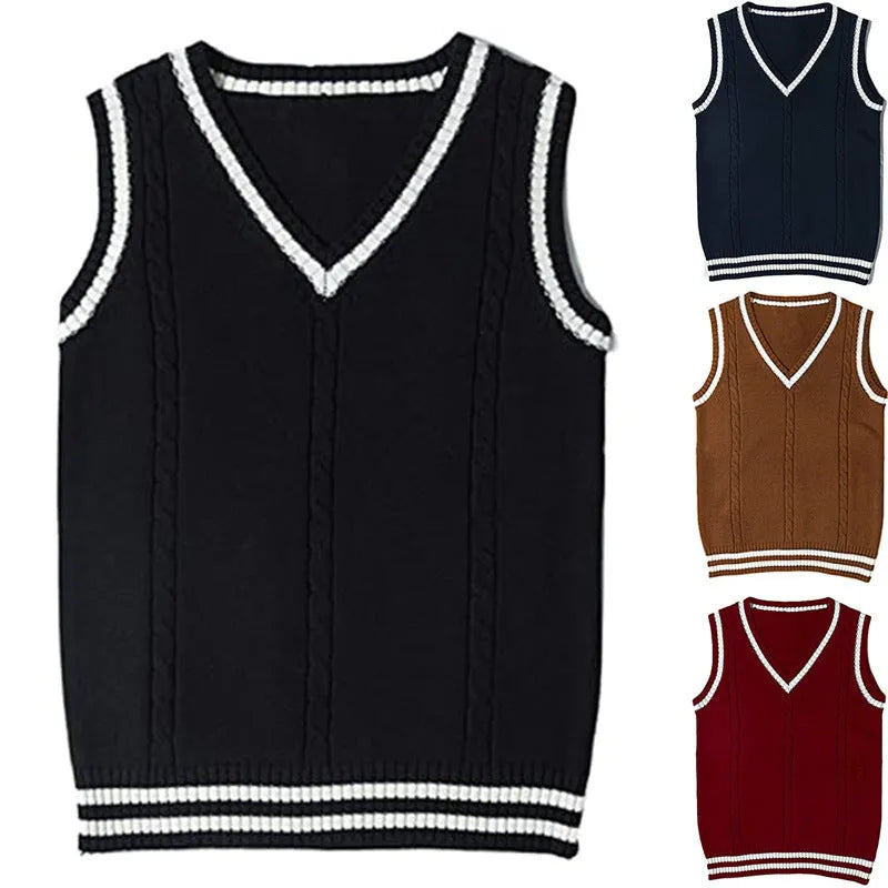 Women's slim fit acrylic knitted waistcoat with V-neck and striped stitching detail in multiple colours