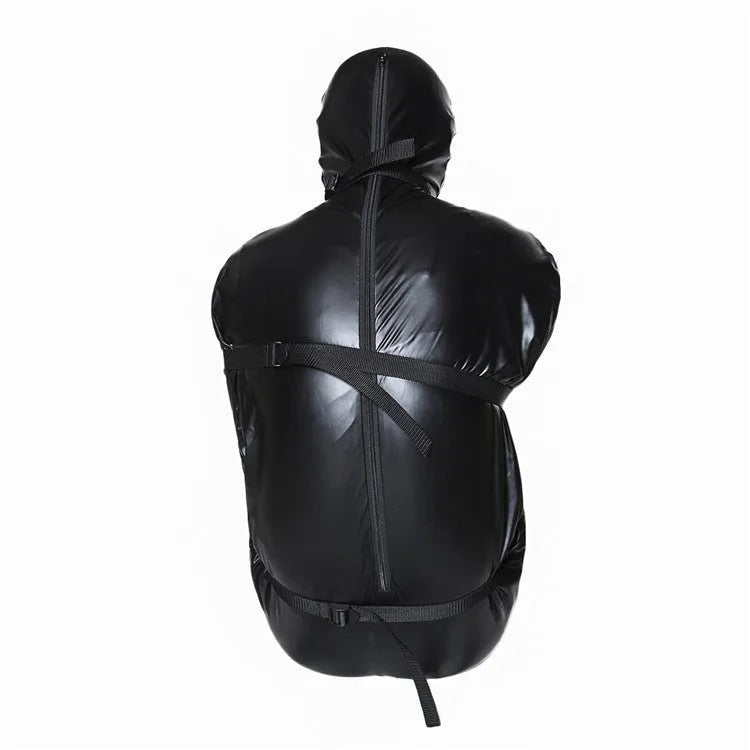 Black patent leather bondage set showing full-body restraint wrap and six ratchet tie-down pieces
