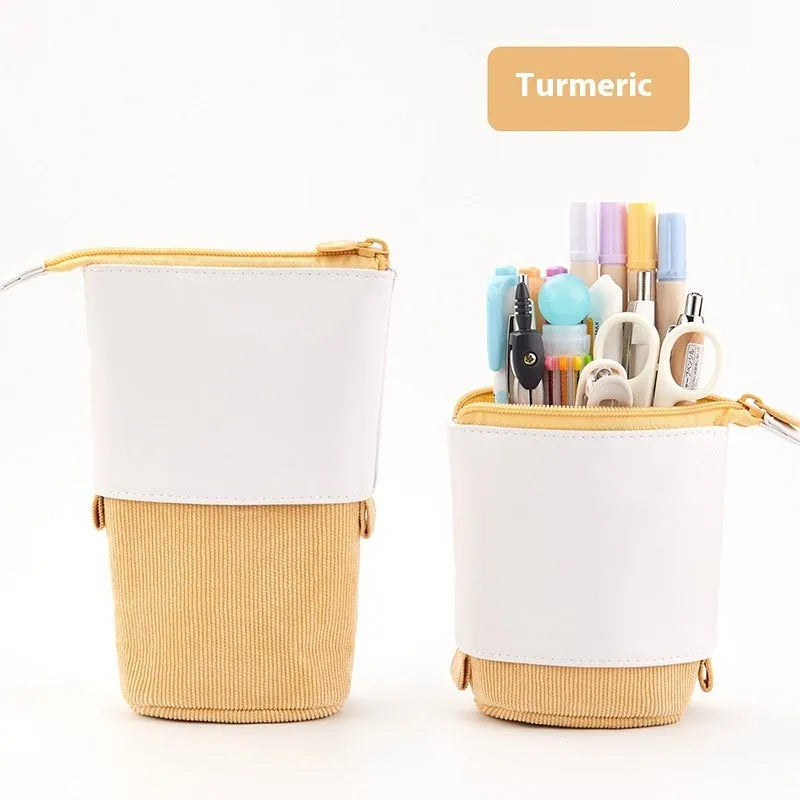 Korean style drop-down telescopic stationery case in cotton and linen with PU corduroy exterior