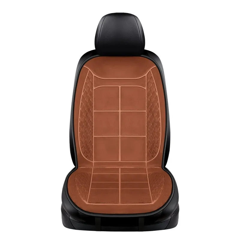 Car heating cushion in beige colour showing single seat configuration with 12V power connection