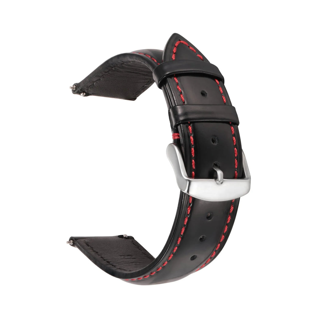 Quick release cowhide leather watch strap shown in black and dark brown colours with visible spring bar mechanism.