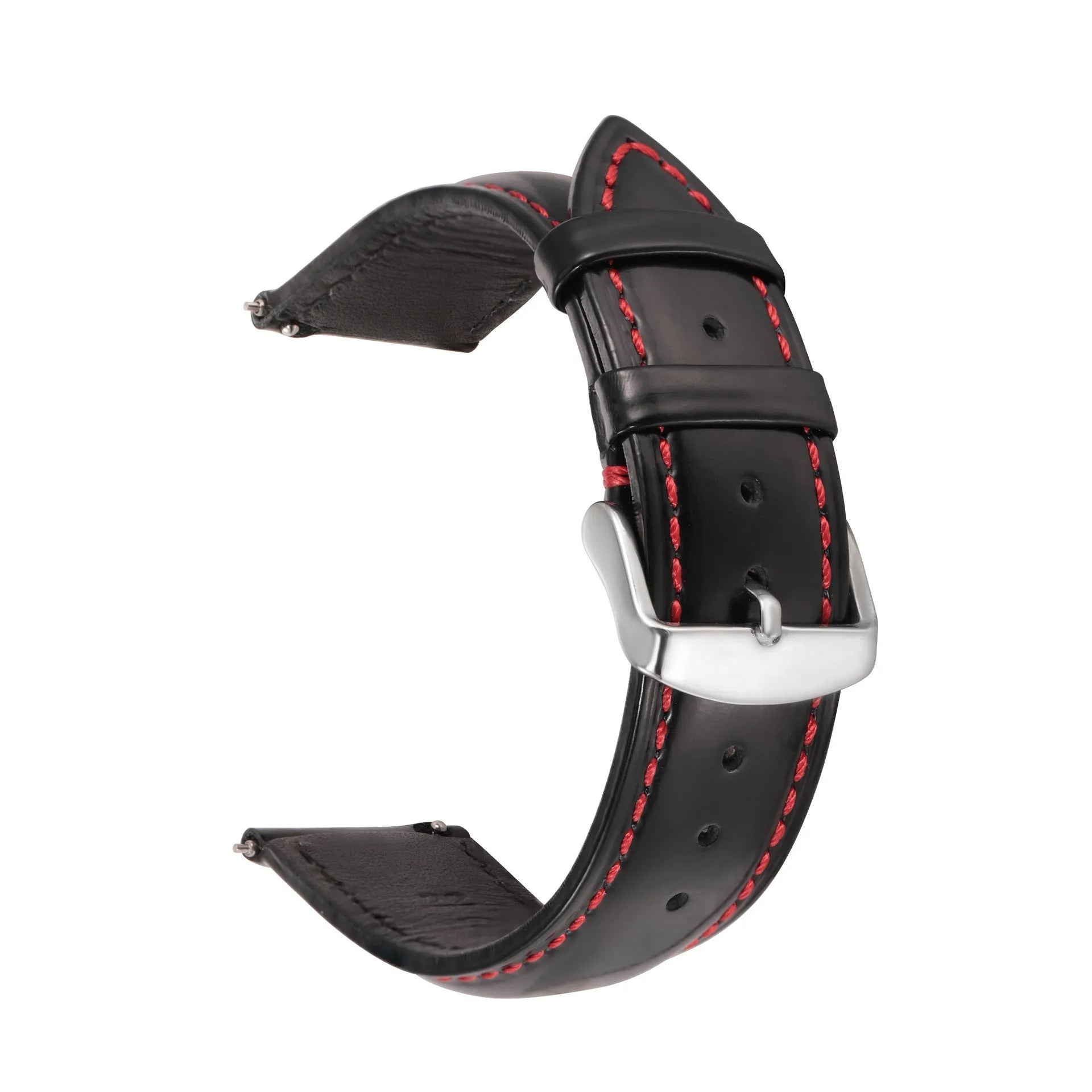 Quick release cowhide leather watch strap shown in black and dark brown colours with visible spring bar mechanism.