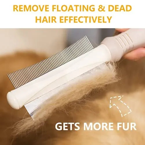 White double-sided dog and cat brush showing a grooming comb and deshedding brush head with a curved handle.