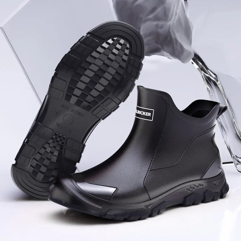 Pair of solid colour low tube PVC wading shoes with a round toe and non-slip plastic sole.