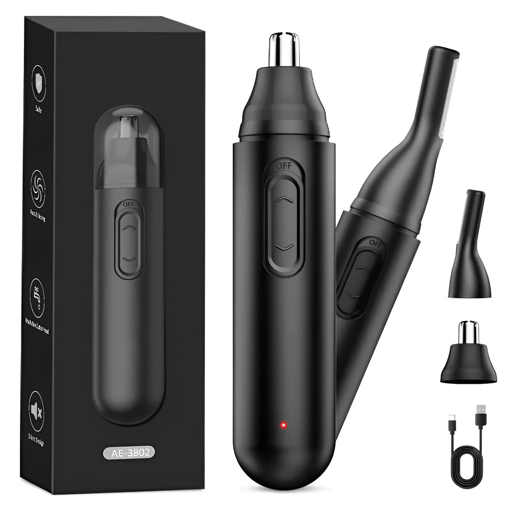 Black 2-in-1 rechargeable electric nose hair trimmer with built-in light and stainless steel blades