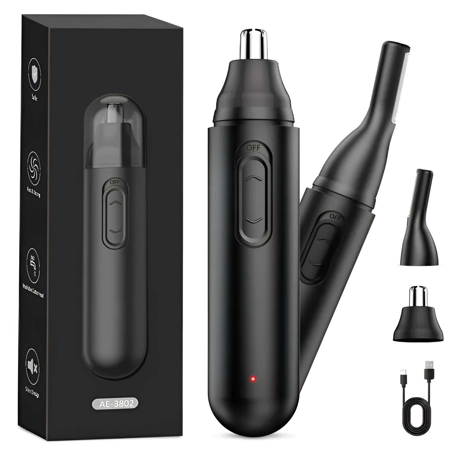 Black 2-in-1 rechargeable electric nose hair trimmer with built-in light and stainless steel blades