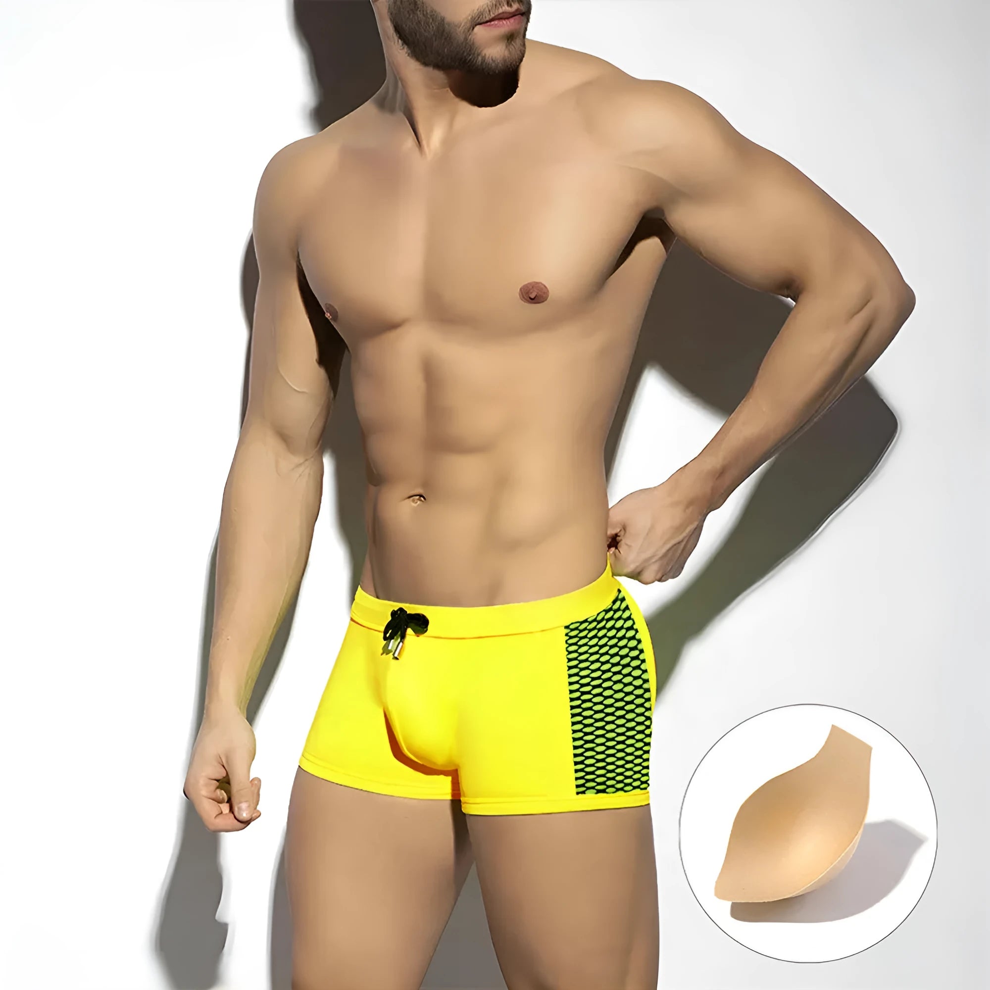 Polka dot print quick-dry swimming boxers in nylon, shown in available colours and sizes for sports.